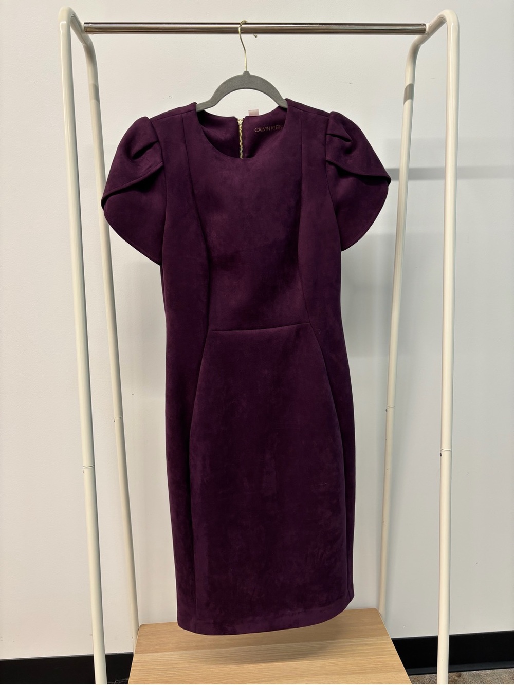 Calvin Klein Deep Plum Midi Dress with Sculpted Puff Sleeves